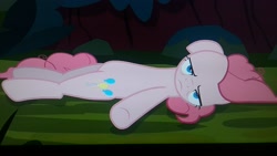Size: 2560x1440 | Tagged: safe, screencap, pinkie pie, earth pony, pony, the mean 6, bored, cropped, lidded eyes, looking at you, lying down, picture of a screen, solo