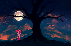 Size: 2300x1500 | Tagged: safe, artist:mirtash, pinkie pie, earth pony, pony, dead tree, eyes closed, female, full moon, moon, night, rcf community, scenery, solo, swing, tree