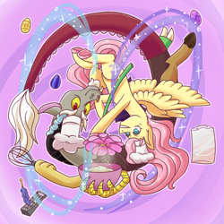 Size: 3600x3600 | Tagged: safe, artist:jagga-chan, discord, fluttershy, draconequus, pegasus, pony, bowl, cheese grater, chef's hat, colored hooves, cooking, curled up, discoshy, egg, egg beater, female, flour, flower, hat, looking at something, male, mare, shipping, smiling, spread wings, straight, upside down, water, wings