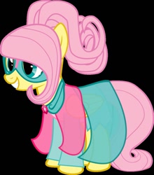 Size: 839x952 | Tagged: safe, artist:asdflove, fluttershy, pegasus, pony, alternate hairstyle, black background, clothes, dress, female, mare, mask, simple background, smiling, solo