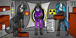 Size: 1024x520 | Tagged: safe, artist:skyspeardraw, dj pon-3, octavia melody, twilight sparkle, unicorn twilight, vinyl scratch, anthro, unguligrade anthro, unicorn, biohazard sign, box, camouflage, clothes, crossed arms, gloves, grin, latex, latex boots, latex gloves, latex suit, mind control, missile, smiling