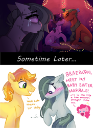 Size: 622x855 | Tagged: safe, artist:dino_horse, artist:dreamscapevalley edits, edit, big macintosh, braeburn, marble pie, pinkie pie, sugar belle, earth pony, pony, best gift ever, aftermath, blushing, braeble, cute, female, good end, heartbroken marble, introduction, male, nuzzling, ship sinking, shipper on deck, shipper pie, shipping, shipping denied, shy, side chick, smiling, sometime later..., straight, sugarmac