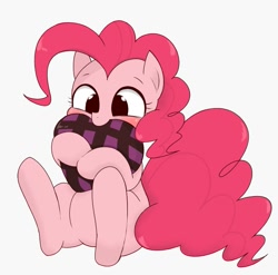Size: 847x837 | Tagged: safe, artist:manachaaaaaaaa, pinkie pie, earth pony, pony, blushing, cute, diapinkes, female, heart, heart pillow, holding, mare, pillow, simple background, sitting, smiling, solo, white background