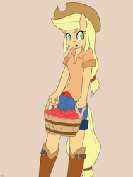 Size: 1000x1333 | Tagged: safe, artist:genericmlp, applejack, anthro, earth pony, apple, basket, clothes, cowboy hat, female, food, hat, mare, simple background, solo, stetson