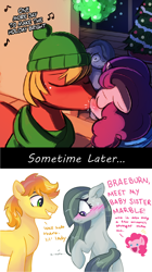 Size: 622x1107 | Tagged: safe, artist:dreamscapevalley edits, artist:lumineko, edit, big macintosh, braeburn, marble pie, pinkie pie, sugar belle, earth pony, pony, best gift ever, aftermath, blushing, braeble, cute, female, good end, heartbroken marble, introduction, male, nuzzling, ship sinking, shipper on deck, shipper pie, shipping, shipping denied, shy, side chick, smiling, sometime later..., straight, sugarmac