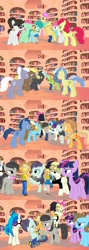 Size: 1024x2874 | Tagged: safe, artist:tonypilot, derpibooru import, applejack, beauty brass, blues, coloratura, compass star, dj pon-3, goldengrape, minty, noteworthy, octavia melody, pokey pierce, raven, royal riff, sir colton vines iii, songbird serenade, spring melody, sprinkle medley, strawberry sunrise, thunderlane, tree hugger, twilight sparkle, vinyl scratch, oc, human, pony, my little pony: the movie (g1), 3d, augmented reality, golden oaks library, twins