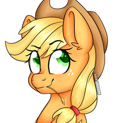 Size: 872x917 | Tagged: safe, artist:girlunicorn, applejack, earth pony, pony, applejack's hat, bust, cowboy hat, female, hat, mare, portrait, simple background, solo, straw, straw in mouth, white background