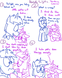 Size: 1280x1611 | Tagged: safe, artist:adorkabletwilightandfriends, twilight sparkle, twilight sparkle (alicorn), oc, oc:greg, alicorn, pony, unicorn, comic:adorkable twilight and friends, adorkable twilight, allergies, comic, dialogue, floppy ears, lineart, looking at each other, nose to nose, open mouth, red nosed, runny nose, simple background, slice of life, smiling, sweat, wavy mouth, white background