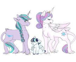 Size: 1024x834 | Tagged: safe, artist:uniquecolorchaos, princess flurry heart, oc, oc:crystal starlight, oc:shimmering lance, alicorn, pony, unicorn, colt, female, foal, male, mare, offspring, parent:princess cadance, parent:shining armor, parents:shiningcadance, siblings, simple background, white background