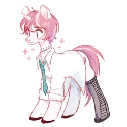 Size: 1280x1280 | Tagged: safe, artist:zaininn, oc, oc only, pony, unicorn, clothes, necktie, shirt, simple background, socks, solo, sparkles, white background