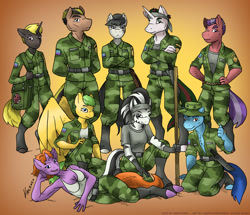 Size: 1600x1379 | Tagged: safe, artist:kaemantis, octavia melody, oc, oc:bridlewing, oc:haliday, oc:hardhoof, oc:marcy capp, oc:sharpblade, oc:slip knott, oc:stronzo, oc:z'hara, anthro, earth pony, pegasus, pony, unguligrade anthro, unicorn, zebra, clothes, female, knife, male, mare, stallion, uniform