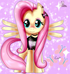 Size: 868x921 | Tagged: safe, artist:sonamy94fan, fluttershy, pegasus, pony, bow, clothes, cute, ear piercing, earring, female, hair bow, heart eyes, jewelry, mare, piercing, pink background, shirt, shyabetes, signature, simple background, solo, sparkles, wingding eyes, wings