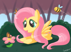 Size: 1024x745 | Tagged: safe, artist:domestic-hedgehog, fluttershy, bee, butterfly, pegasus, pony, bush, cute, female, flower, grass, lying down, mare, open mouth, shyabetes, sky, smiling, tree, wings