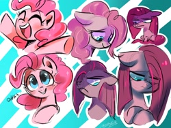 Size: 1600x1200 | Tagged: safe, artist:colorfulcolor233, pinkie pie, earth pony, pony, bust, eye clipping through hair, eyes closed, female, mare, multeity, open mouth, pinkamena diane pie, portrait, solo