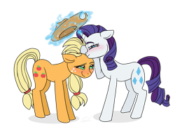 Size: 893x657 | Tagged: safe, artist:therandomtv, artist:verumtee, applejack, rarity, earth pony, pony, unicorn, blushing, cute, female, freckles, lesbian, magic, mare, rarijack, shipping, simple background, smiling, transparent background