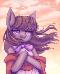 Size: 805x992 | Tagged: safe, artist:cosyosy, octavia melody, earth pony, pony, semi-anthro, clothes, female, mare, ribbon, solo, sunset