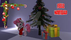 Size: 1024x576 | Tagged: safe, artist:juanjobelic, pinkie pie, earth pony, pony, christmas, christmas tree, hat, holiday, obtrusive watermark, present, santa hat, smiling, solo, spanish, tree, watermark