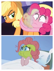 Size: 3106x4096 | Tagged: safe, edit, edited screencap, screencap, applejack, pinkie pie, earth pony, pony, applebuck season, shadow play, baked bads, butt touch, butthug, face fart, faceful of ass, fart, fart edit, female, green face, hug, mare, pinkie hugging applejack's butt, sick