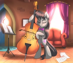 Size: 2048x1766 | Tagged: safe, artist:kaylerustone, octavia melody, earth pony, pony, bipedal, cello, eyes closed, female, indoors, mare, musical instrument, sheet music, smiling, sofa, solo, vinyl and octavia's home