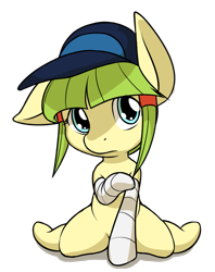 Size: 1015x1279 | Tagged: safe, artist:vulapa, oc, oc only, oc:pinch hitter, earth pony, pony, baseball cap, female, filly, kneeling, solo, solo female, transparent background