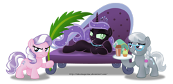 Size: 1280x626 | Tagged: safe, artist:aleximusprime, diamond tiara, silver spoon, sweetie belle, accessory theft, cupcake, fangs, glasses, milkshake, missing accessory, necklace, nightmare sweetie belle, revenge, servant, simple background, slave, tiara, transparent background