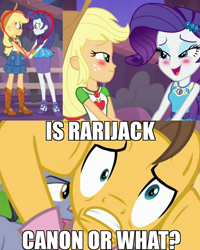 Size: 1080x1350 | Tagged: safe, edit, edited screencap, screencap, applejack, caramel, diamond cutter, fluttershy, rarity, pony, better together, equestria girls, fame and misfortune, rollercoaster of friendship, argument, blushing, cellphone, cropped, dramamel, exploitable meme, female, heart, lesbian, me my selfie and i, meme, phone, pink shirt, ponyville, rarijack, shipping, shipping fuel, smartphone, yelling