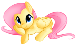 Size: 1024x603 | Tagged: safe, artist:grimtalesreaper, fluttershy, pegasus, pony, cute, female, hnnng, lying down, mare, shyabetes, simple background, smiling, solo, transparent background, wrong eye color