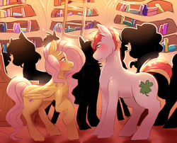 Size: 994x804 | Tagged: safe, artist:spazzyhippie, fluttershy, oc, oc:lucky charm, pegasus, pony, unicorn, blushing, canon x oc, crush, female, first meeting, first time, flucky, golden oaks library, looking at each other, love, love at first sight, male, mare, party, romantic, shipping, stallion, straight