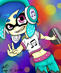 Size: 1000x1200 | Tagged: safe, artist:mcpearly, dj pon-3, vinyl scratch, clothes, crossover, female, headphones, looking at you, looking back, looking back at you, midriff, open mouth, peace sign, record, signature, smiling, solo, species swap, splatoon, video game crossover