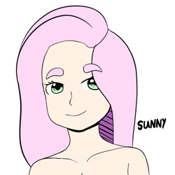 Size: 700x700 | Tagged: safe, artist:sunlightgryphon, fluttershy, human, bust, humanized, looking at you, simple background, smiling, solo