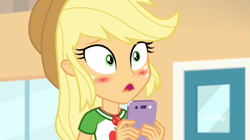 Size: 1365x767 | Tagged: safe, screencap, applejack, better together, equestria girls, rollercoaster of friendship, blushing, cellphone, female, geode of super strength, phone, shocked, smartphone, solo