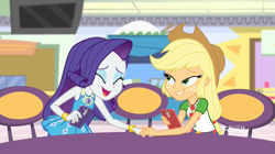 Size: 1365x767 | Tagged: safe, screencap, applejack, rarity, better together, equestria girls, rollercoaster of friendship, geode of shielding, geode of super strength, shipping fuel