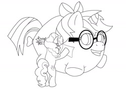 Size: 1600x1132 | Tagged: safe, artist:arrowny18, pinkie pie, oc, oc:cali, earth pony, pony, unicorn, absurd resolution, balloon, balloon pony, bow, commission, glasses, lineart, living object, simple background, smiling, white background