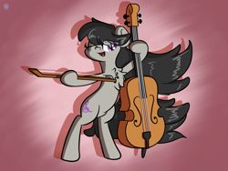 Size: 2560x1920 | Tagged: safe, artist:kimjoman, octavia melody, earth pony, pony, bipedal, bow (instrument), cello, chest fluff, cute, eye clipping through hair, female, hoof hold, mare, musical instrument, one eye closed, open mouth, solo, tavibetes, wink