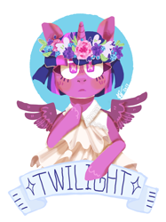 Size: 4133x5511 | Tagged: safe, artist:keursh29, twilight sparkle, twilight sparkle (alicorn), alicorn, pony, absurd resolution, clothes, dress, female, floral head wreath, flower, flower in hair, looking at you, mare, simple background, solo, spread wings, white background, wingding eyes, wings