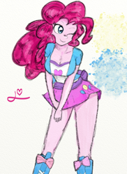 Size: 800x1100 | Tagged: safe, artist:achmeddb, pinkie pie, equestria girls, clothes, cute, female, heart, one eye closed, skirt, smiling, solo, wink