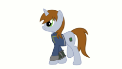 Size: 1280x720 | Tagged: safe, artist:trigger_movies, oc, oc only, oc:littlepip, pony, unicorn, fallout equestria, animated, clothes, fanfic, fanfic art, female, gif, gift art, mare, pipbuck, simple background, solo, vault suit, walk cycle, walking, white background
