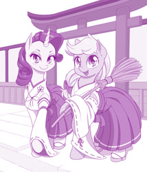 Size: 1029x1200 | Tagged: safe, artist:dstears, applejack, rarity, earth pony, pony, unicorn, broom, cute, duo, female, lesbian, looking at you, mare, miko, monochrome, purple, rarijack, shipping, shrine, smiling, torii