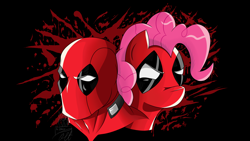 Size: 4622x2600 | Tagged: safe, artist:theimmolatedpoet, pinkie pie, earth pony, pony, blood splatter, bust, crossover, deadpool, duo, pinkiepool, pinkiepool (pairing), portrait