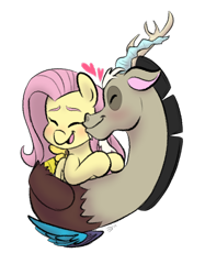 Size: 1280x1715 | Tagged: safe, artist:doodling-is-magic, discord, fluttershy, draconequus, pegasus, pony, blushing, cute, discoshy, discute, eyes closed, female, heart, hnnng, kiss on the cheek, kissing, male, open mouth, shipping, shyabetes, simple background, straight, transparent background