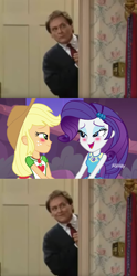 Size: 917x1853 | Tagged: safe, applejack, rarity, human, better together, equestria girls, rollercoaster of friendship, blushing, crossover, female, grin, irl, irl human, lesbian, male, meme, niles, photo, rarijack, shipper on deck, shipping, smiling, the nanny