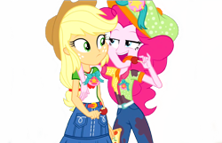 Size: 2048x1316 | Tagged: safe, edit, edited screencap, editor:lonely fanboy48, screencap, applejack, pinkie pie, better together, equestria girls, rollercoaster of friendship, background removed, clothes, female, fun inspector, fun inspector pinkie, happy, hat, job, not a vector, simple background, transparent background