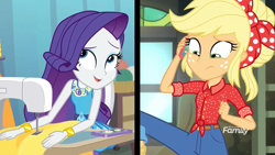 Size: 1920x1080 | Tagged: safe, screencap, applejack, rarity, better together, equestria girls, rollercoaster of friendship, barefoot, cellphone, clothes, duo, fabric, feet, phone, phone call, sewing machine