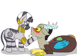 Size: 2338x1700 | Tagged: safe, artist:jolliapplegirl, discord, zecora, draconequus, zebra, blushing, female, male, shipping, simple background, story included, straight, white background, zecord