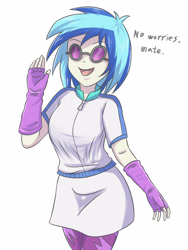 Size: 2728x3637 | Tagged: safe, artist:sumin6301, dj pon-3, vinyl scratch, equestria girls, clothes, female, fingerless gloves, glasses, gloves, leggings, miniskirt, open mouth, simple background, skirt, solo, sunglasses, white background