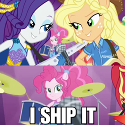 Size: 1080x1080 | Tagged: safe, edit, edited screencap, screencap, applejack, pinkie pie, rarity, better together, equestria girls, rollercoaster of friendship, discovery family logo, drums, female, forceing canon, i ship it, lesbian, meme, microphone, offscreen character, ponied up, rarijack, shipper on deck, shipping, shipping fuel