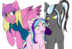 Size: 3800x2600 | Tagged: safe, artist:jolliapplegirl, princess skyla, oc, oc:north wind, bat pony, pegasus, pony, unicorn, blind, female, male, mare, next generation, offspring, parent:princess cadance, parent:shining armor, parent:unnamed oc, parents:shiningcadance, simple background, stallion, story included, vulgar description, white background