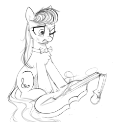 Size: 792x858 | Tagged: safe, artist:some_ponu, octavia melody, earth pony, pony, black and white, bowtie, broken, cello, chest fluff, female, grayscale, gritted teeth, mare, monochrome, musical instrument, one eye closed, sitting, sketch, solo