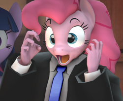 Size: 2630x2160 | Tagged: safe, anonymous artist, pinkie pie, anthro, 3d, clothes, hand, source filmmaker, suit, surprised