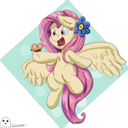 Size: 1200x1200 | Tagged: safe, artist:schizophrenicghost, fluttershy, butterfly, pegasus, pony, abstract background, cheek fluff, colored, cute, ear fluff, flower, leg fluff, open mouth, shoulder fluff, shyabetes, solo, spread wings, wings